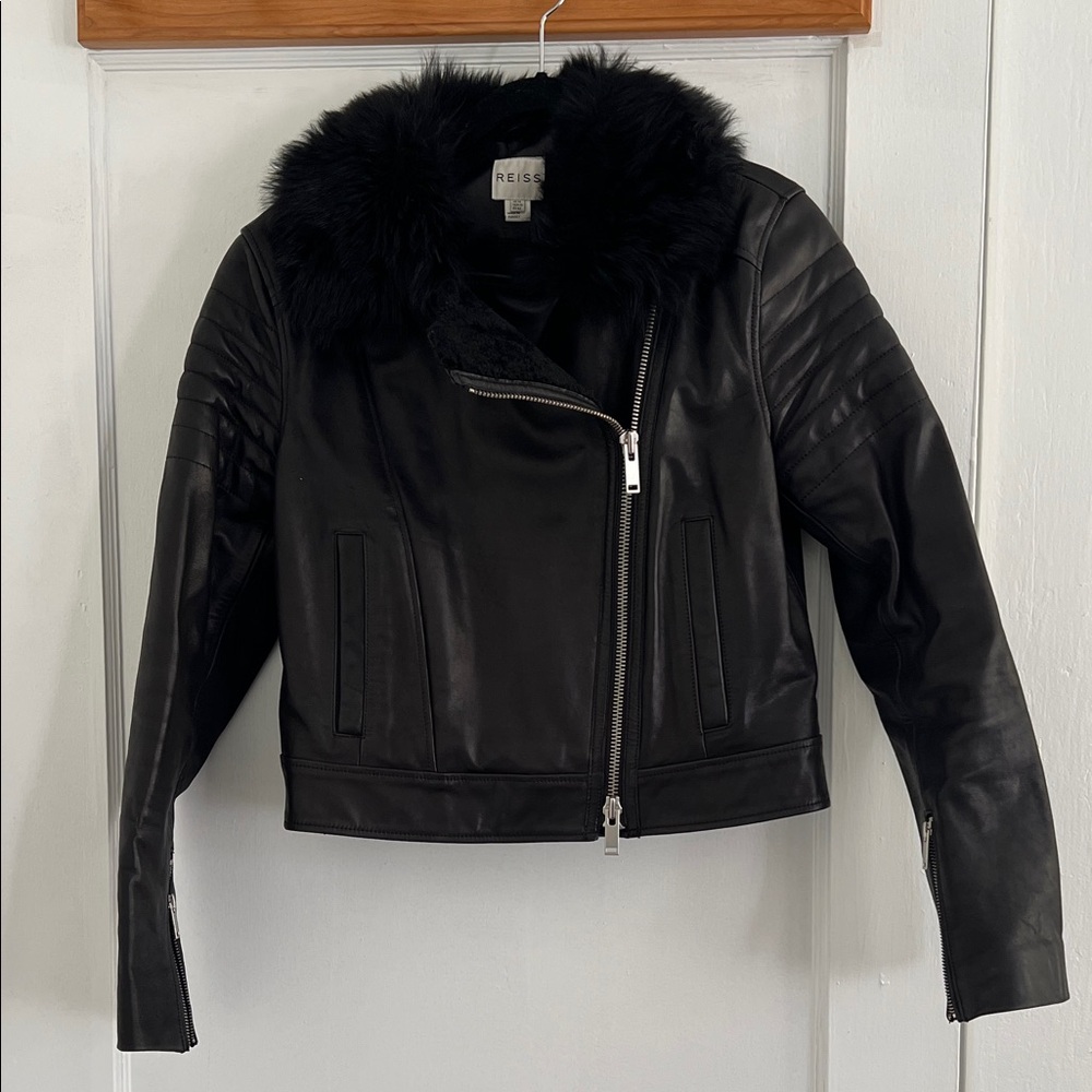 Reiss Black Leather Jacket with Plush Fur Trim
